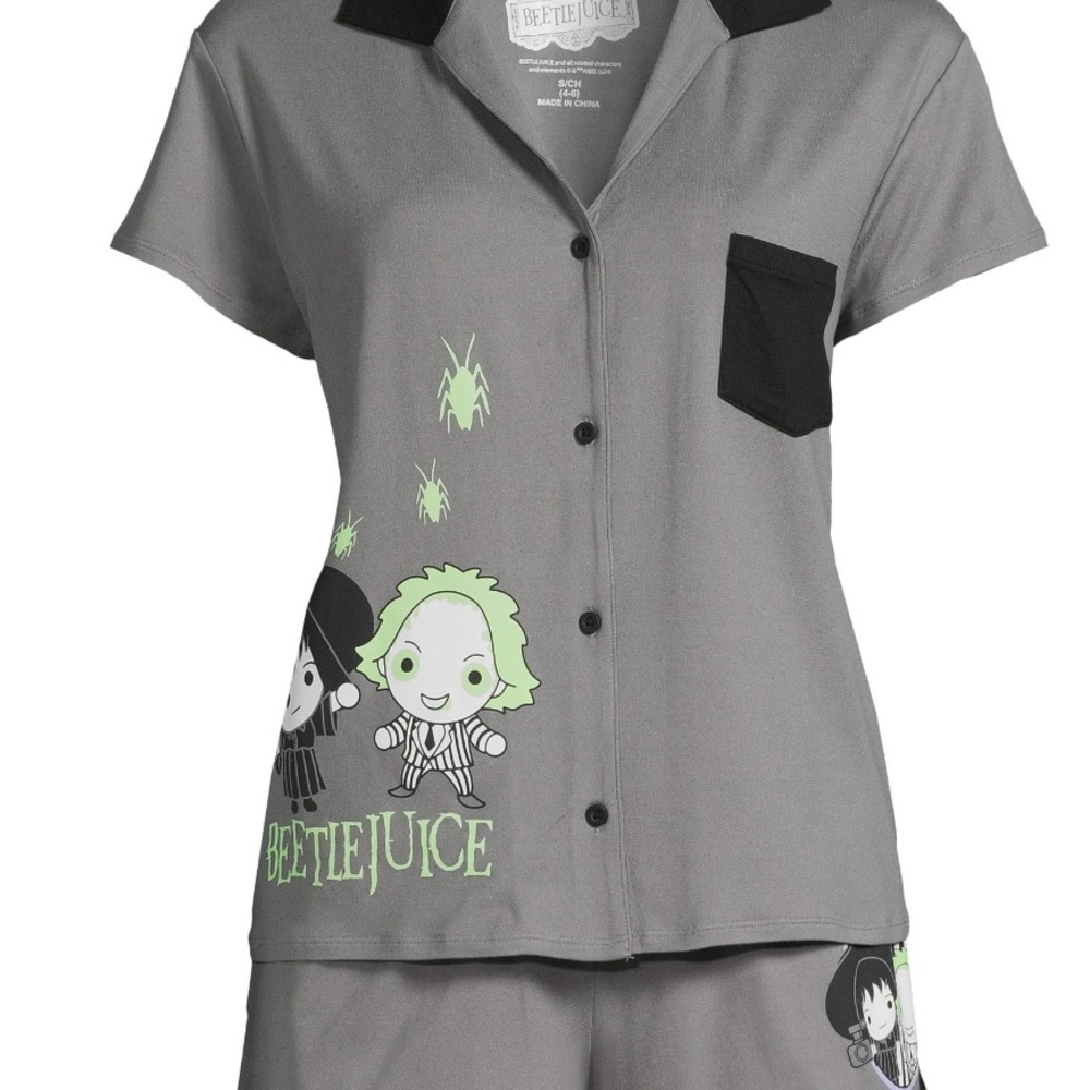 Beetlejuice Gray Button-Up Pajama Top with Cartoon Graphics